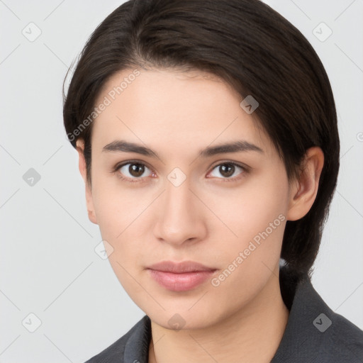 Neutral white young-adult female with medium  brown hair and brown eyes