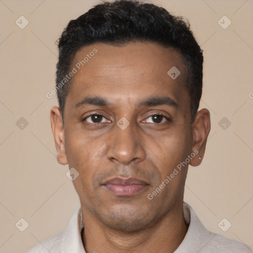 Neutral black adult male with short  black hair and brown eyes