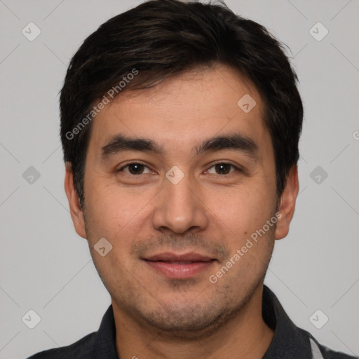 Joyful white young-adult male with short  black hair and brown eyes