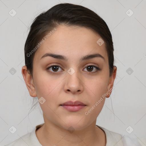 Neutral white young-adult female with medium  brown hair and brown eyes