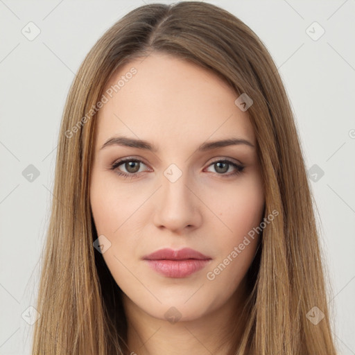 Neutral white young-adult female with long  brown hair and brown eyes