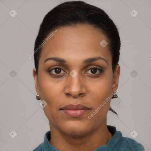 Joyful latino young-adult female with short  black hair and brown eyes