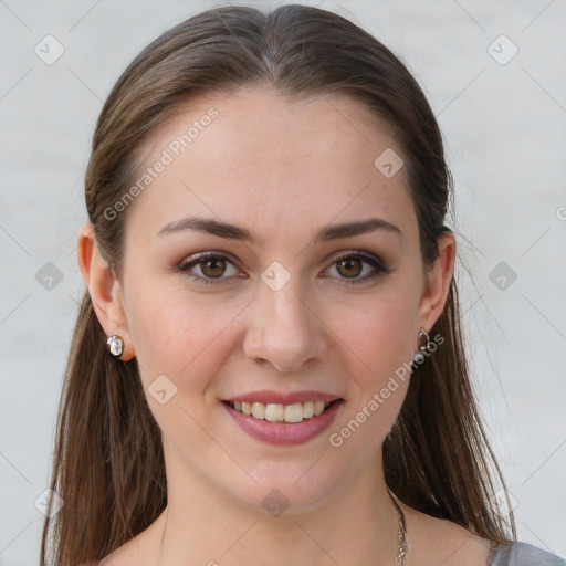 Joyful white young-adult female with long  brown hair and grey eyes