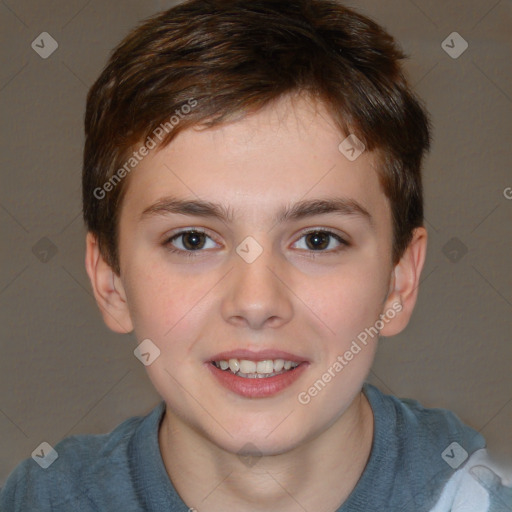 Joyful white child male with short  brown hair and brown eyes