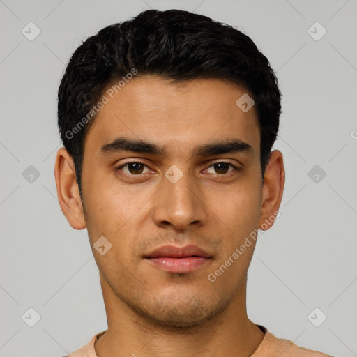 Neutral latino young-adult male with short  black hair and brown eyes