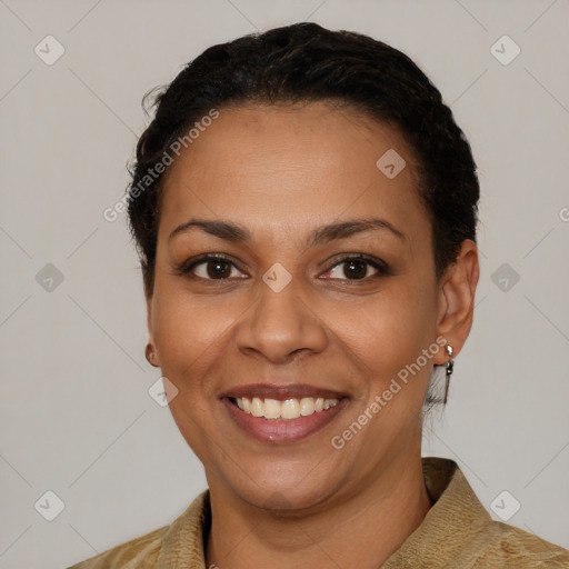 Joyful latino young-adult female with short  brown hair and brown eyes