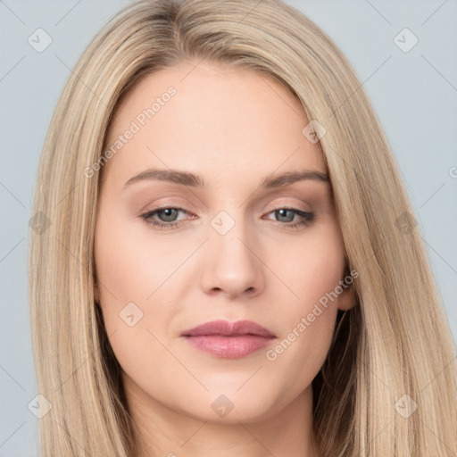 Neutral white young-adult female with long  brown hair and brown eyes