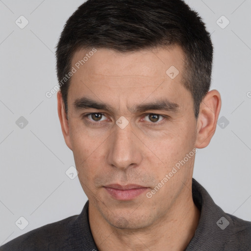 Neutral white adult male with short  brown hair and brown eyes