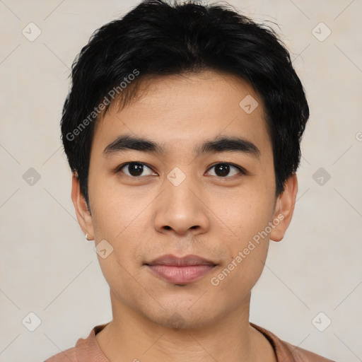 Neutral asian young-adult male with short  black hair and brown eyes