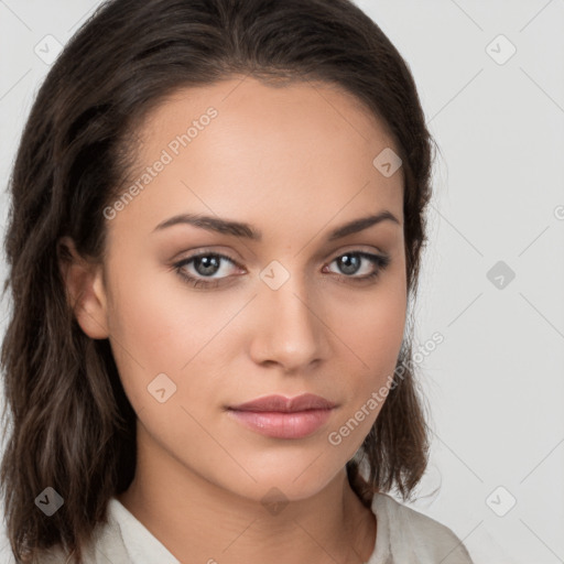 Neutral white young-adult female with medium  brown hair and brown eyes