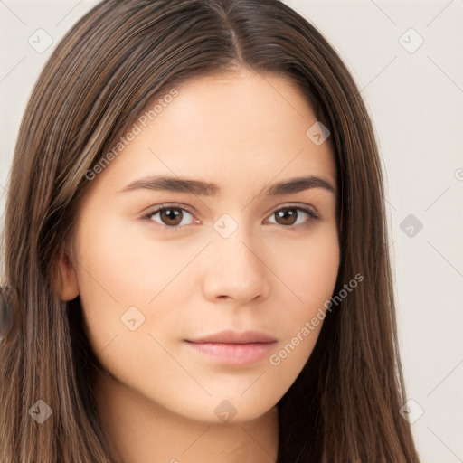 Neutral white young-adult female with long  brown hair and brown eyes