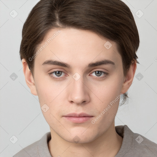 Neutral white young-adult male with short  brown hair and brown eyes