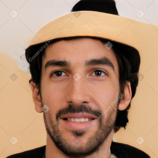 Joyful white young-adult male with short  black hair and brown eyes