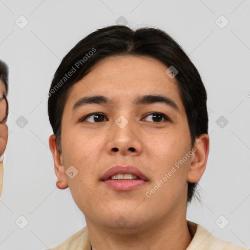 Neutral asian young-adult male with short  brown hair and brown eyes