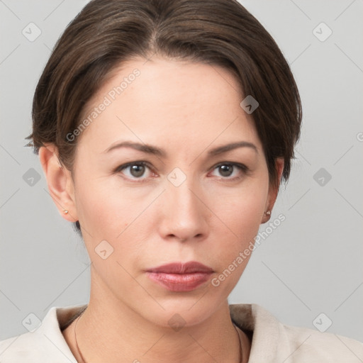 Neutral white young-adult female with short  brown hair and brown eyes