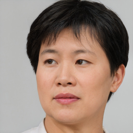 Joyful asian young-adult female with short  brown hair and brown eyes
