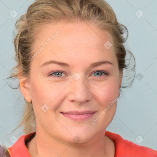 Joyful white young-adult female with medium  brown hair and blue eyes