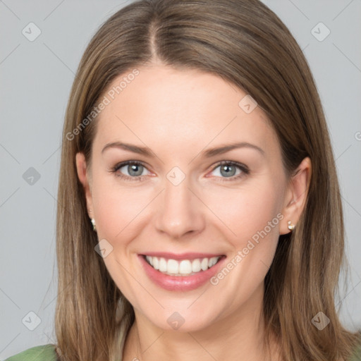 Joyful white young-adult female with long  brown hair and grey eyes