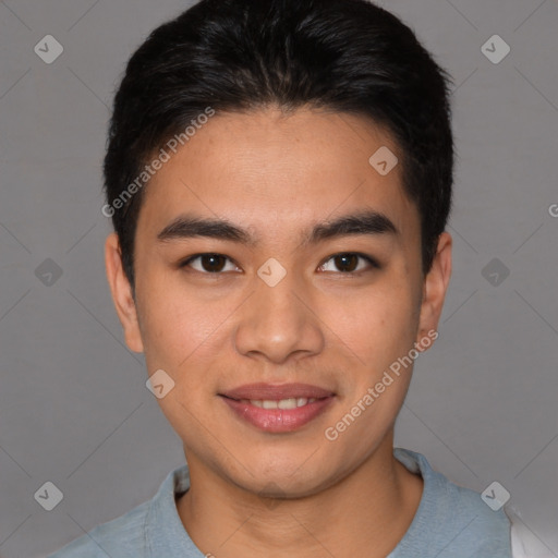 Joyful latino young-adult male with short  brown hair and brown eyes