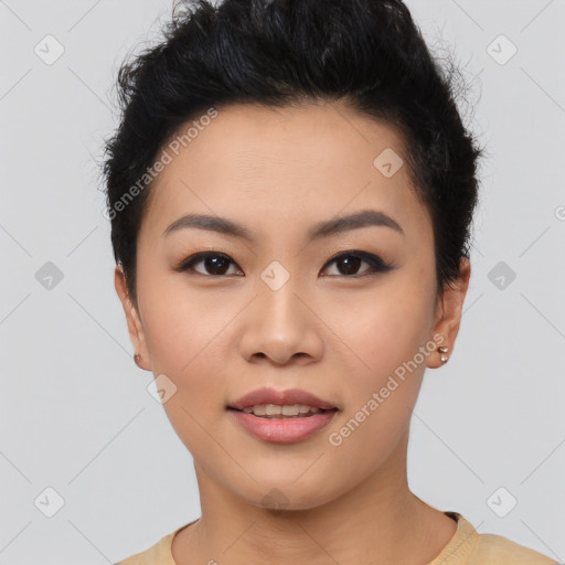 Joyful latino young-adult female with short  black hair and brown eyes