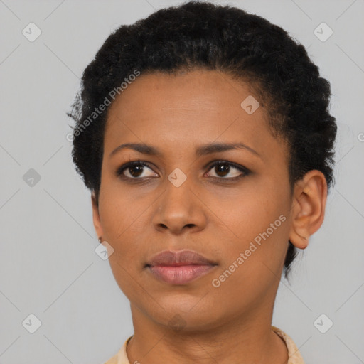 Neutral black young-adult female with short  black hair and brown eyes