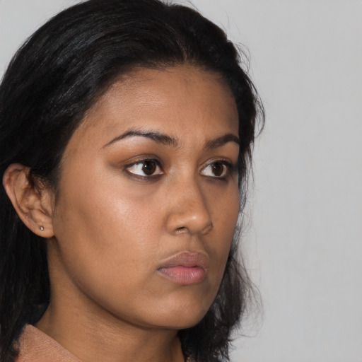 Neutral asian young-adult female with long  black hair and brown eyes