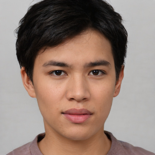 Neutral asian young-adult male with short  black hair and brown eyes
