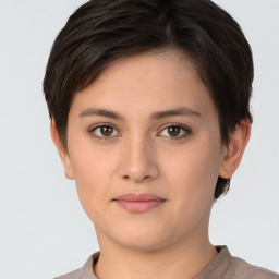 Neutral white young-adult female with short  brown hair and brown eyes