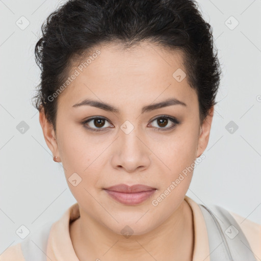 Joyful latino young-adult female with short  brown hair and brown eyes