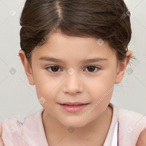 Joyful white child female with short  brown hair and brown eyes