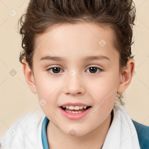 Joyful white child female with short  brown hair and brown eyes