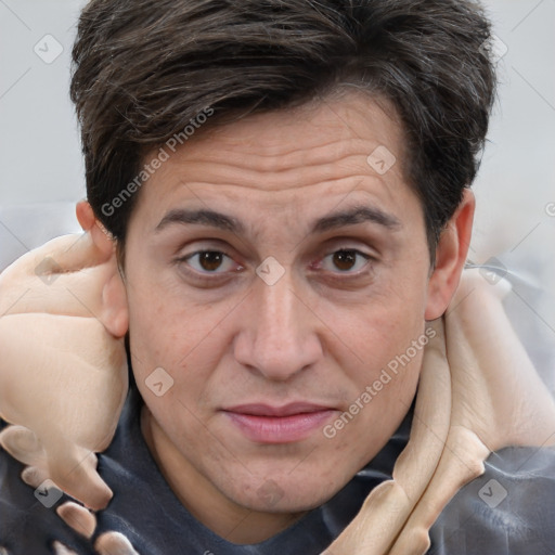 Joyful white adult male with medium  brown hair and brown eyes