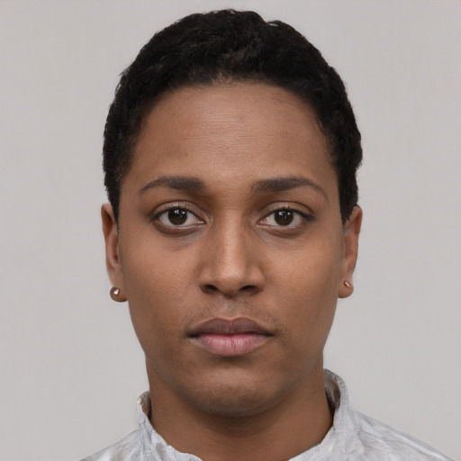 Neutral black young-adult female with short  black hair and brown eyes