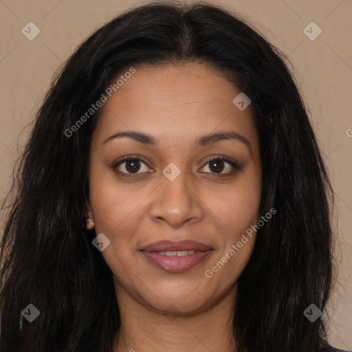 Joyful latino young-adult female with long  brown hair and brown eyes