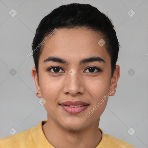 Joyful asian young-adult female with short  black hair and brown eyes