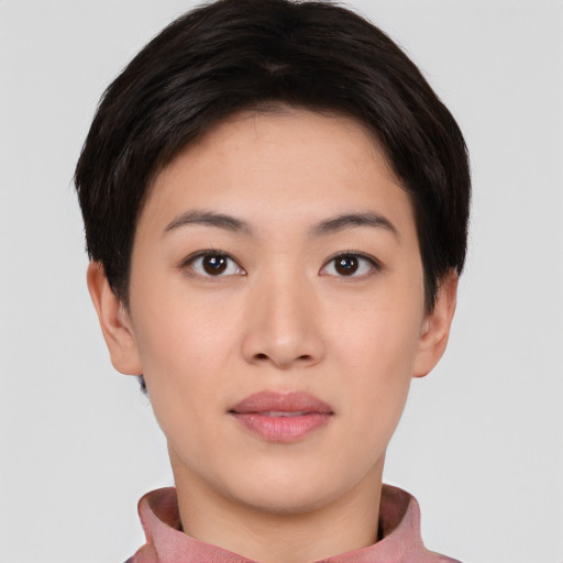 Neutral white young-adult female with short  brown hair and brown eyes