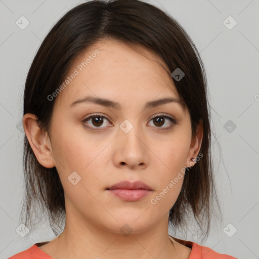 Neutral white young-adult female with medium  brown hair and brown eyes