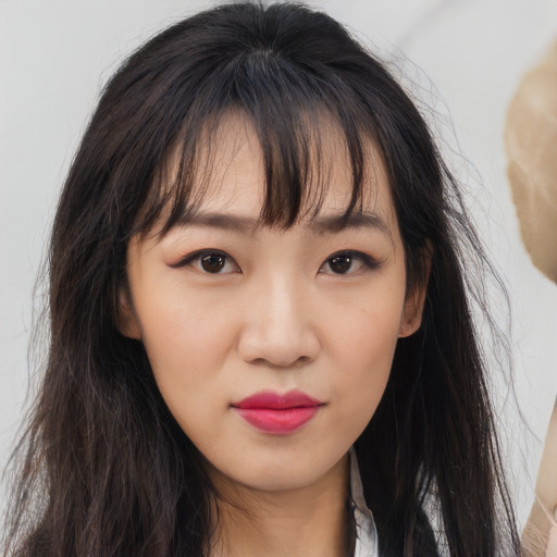 Neutral asian young-adult female with long  brown hair and brown eyes