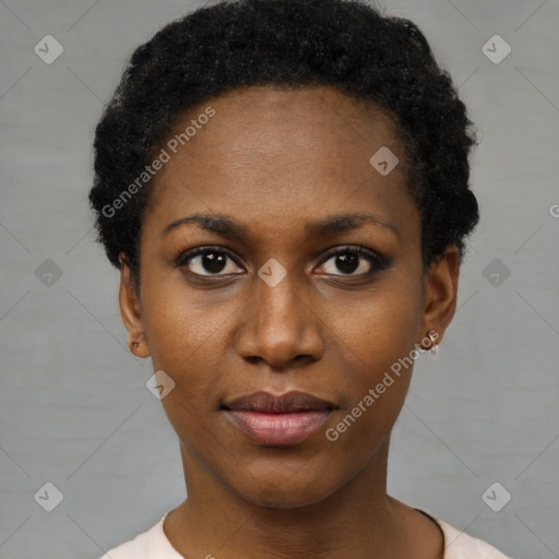 Neutral black young-adult female with short  black hair and brown eyes