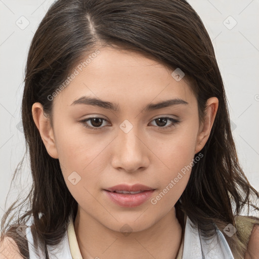 Neutral white young-adult female with medium  brown hair and brown eyes