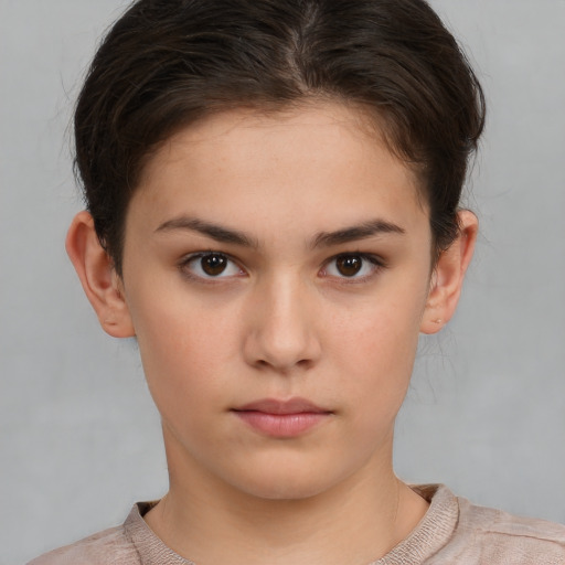 Neutral white young-adult female with short  brown hair and brown eyes