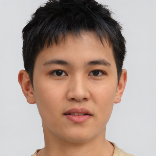Neutral asian young-adult male with short  brown hair and brown eyes