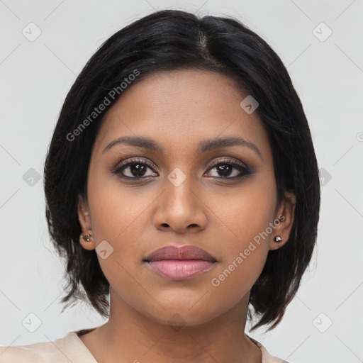 Joyful latino young-adult female with medium  black hair and brown eyes