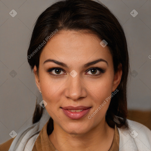 Joyful white young-adult female with medium  brown hair and brown eyes