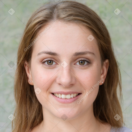 Joyful white young-adult female with medium  brown hair and green eyes