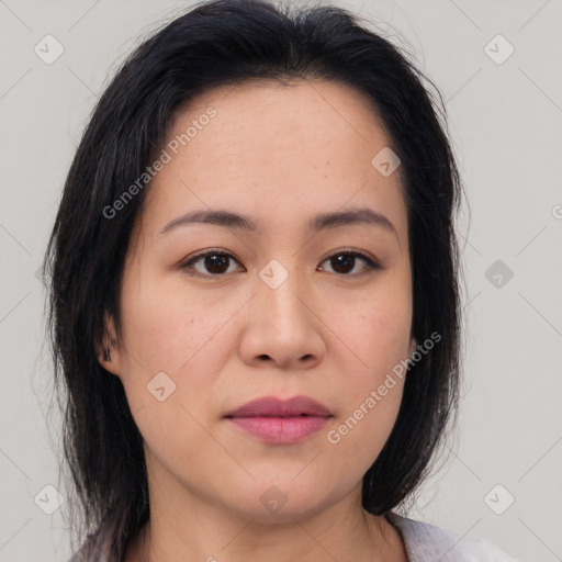 Neutral asian young-adult female with medium  black hair and brown eyes