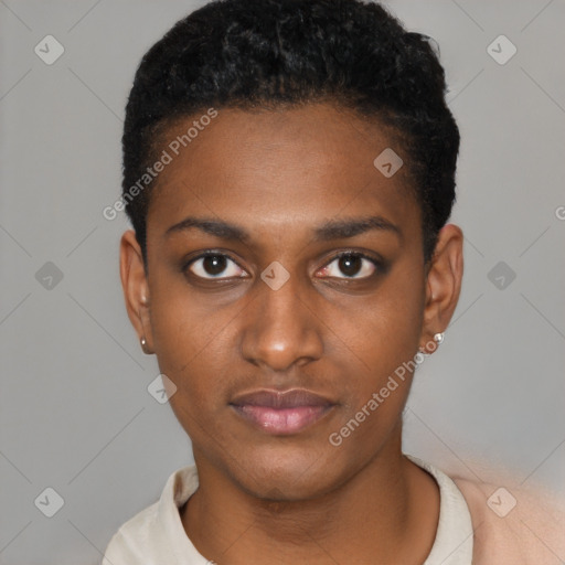 Neutral black young-adult female with short  black hair and brown eyes