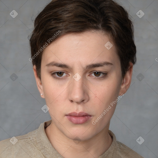 Neutral white young-adult female with short  brown hair and brown eyes