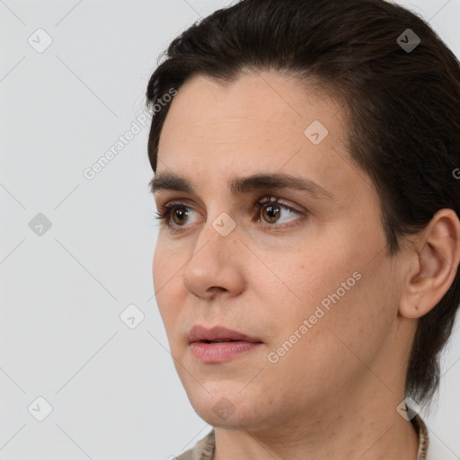 Neutral white young-adult female with short  brown hair and brown eyes