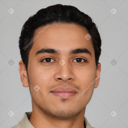 Neutral latino young-adult male with short  black hair and brown eyes